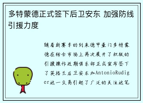 多特蒙德正式签下后卫安东 加强防线引援力度